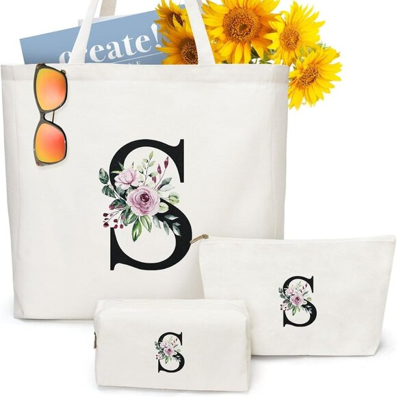 3-Piece Canvas Tote Bag with 2 Makeup Bags -10.6" x 3" x 6" & 7" x 2.5" x 4" - Picture 3 of 7